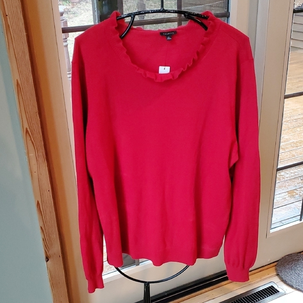 Talbots Womens XL Red Ruffle Neck Cotton Wool Blend Pullover Sweater NWT